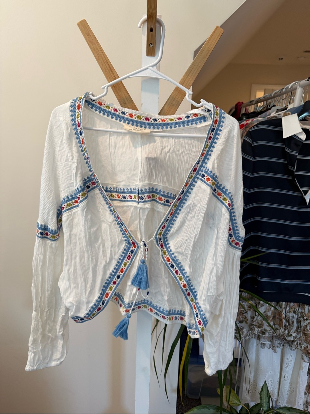 Boho Embroidered Tassel Tie-Front Blouse - White with Blue Detail